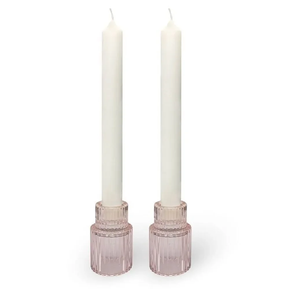 Pink ribbed glass candle holders set of 4 reversible modern farmhouse decor NEW